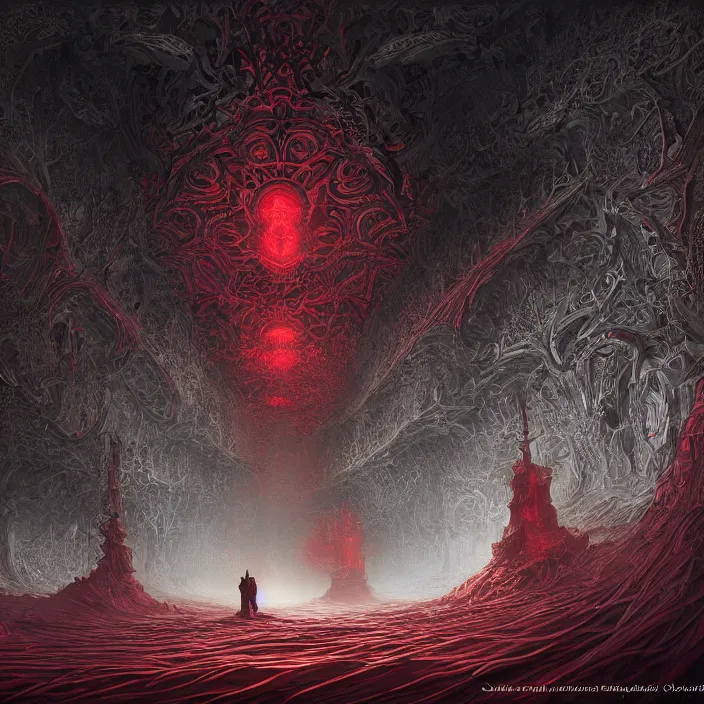 Prompt: the resonance protocols of glowing red and white fractals in a sea of eternal black darkness, stylized, detailed and intricate, elegant, ornate, beautiful digital painting, cinematic, cgsociety, Jama Jurabaev, H.R. Giger, Zdizslaw Beksinski, James jean, Noah Bradley, Darius Zawadzki, vivid colors and vibrant outlines, 8K HD