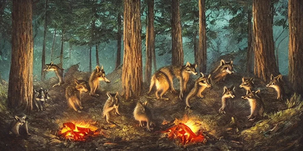 Image similar to A small group of racoons is sitting in the forest next to a campfire. There is a wolf sneaking from the side. Cinematic, very beautiful, painting in the style of Lord of the rings