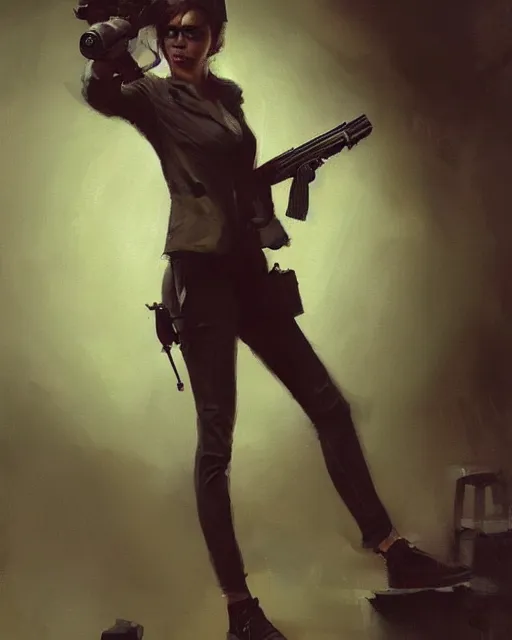 Image similar to Hyper realistic painting of a girl holding a gun, noir, hyper detailed, by greg rutkowski, trending on artstation