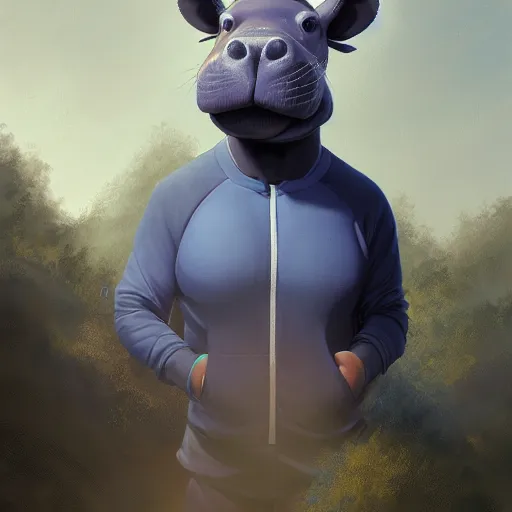 Prompt: a award winning commission portrait of a fit anthro hippo wearing a blue tracksuit,digital art,art by greg rutkowski,character design by charles bowater,detailed face,hyperdetailed,photorealistic,artstation,deviantart,4k,western comic art,sharp,high definition