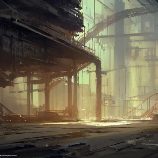 Prompt: abandoned factory landscape. Concept art by Craig Mullins, Ryan Church, Finnian Macmanus, Sung Choi, Sparth, Hugh Ferriss and John Harris. Epic cinematic environment keyframe splash concept art trending on ArtStation