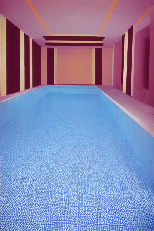 Image similar to non - euclidean, geometric tiled swimming pool tunnels into infinity, cubic and right angles, cube portals, 1 9 6 0 s, color bleed, ektachrome photograph, volumetric lighting, f 8 aperture, cinematic eastman 5 3 8 4 film stanley kubrick
