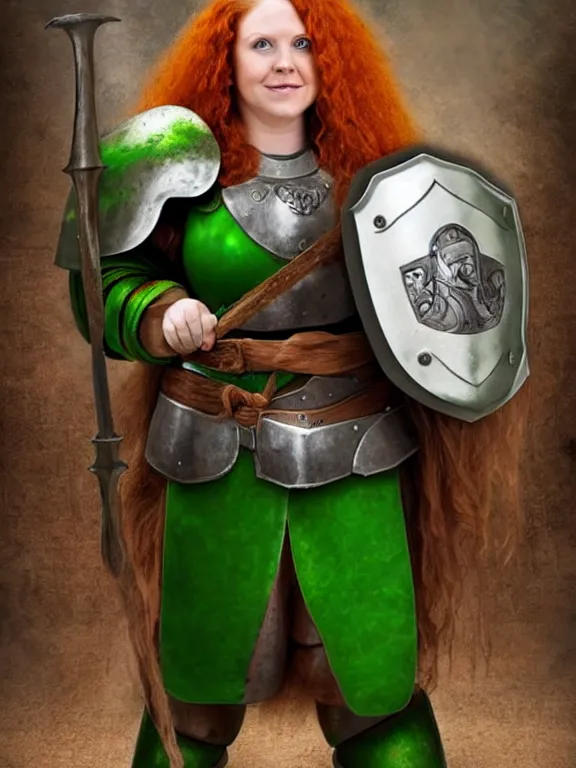 Image similar to dwarven woman, ginger hair, green eyes, holding hammer and shield with plate armour