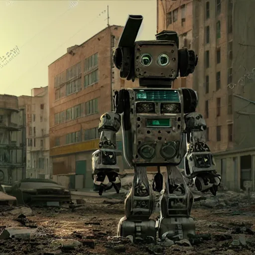Prompt: small 2 fingered robot exploring abandoned city in the apocalypse, 4k cinematic shot, cute