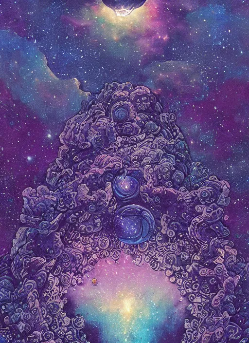 Image similar to detailed, intricate blue black and purple papaverum flower on the field, nebula, galaxy in the sky, winning award masterpiece, fantastically beautiful, illustration, aestheticly inspired dan mumford, upscale with anguissola sofonisba work, artstation, 8 k