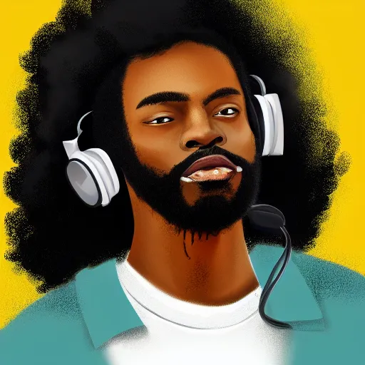 Image similar to portrait of a black man with afro wearing headphones, looking cool, digital painting, artstation