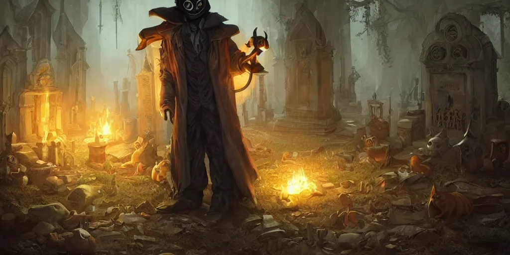 Image similar to a plague doctor with techno armor a bengal! cat! and an orange! tabby! cat! in a graveyard, scary, spooky, cool, by greg rutkowski