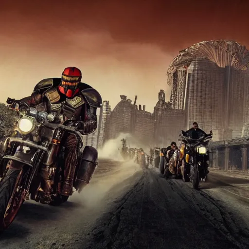 Image similar to four judges on big motorcycles from Judge Dredd riding across the Cursed Earth with a trail of dust behind them, and the ruins of Minneapolis ahead. Hyperrealistic, artstation, movie poster art