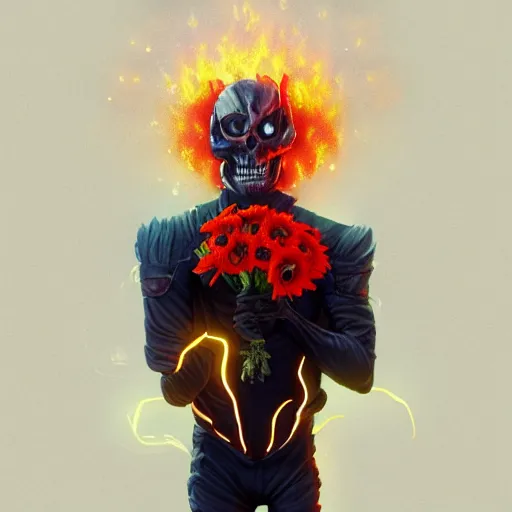 Image similar to Ghost-Rider, holding flowers, Dreamwork animation, 8k, trending on artstation, hyperdetalied,