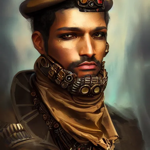 Prompt: Portrait of a steampunk egyptian prince, highly detailed, smooth, sharp focus, artstation, illustration, digital art by WLOP