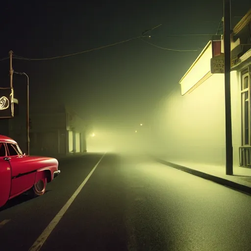 Prompt: A stunningly beautiful award-winning 8K high angle cinematic movie photograph of a dark foggy main intersection in an abandoned 1950s small town at night, by Edward Hopper and David Fincher and Darius Khonji, cinematic lighting, perfect composition, moody low key volumetric light. Color palette from Seven, greens yellows and reds. 2 point perspective, from 15 feet off the ground