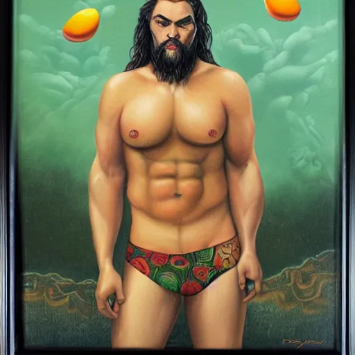 Image similar to jason momoa as a mango, lowbrow painting by mark ryden