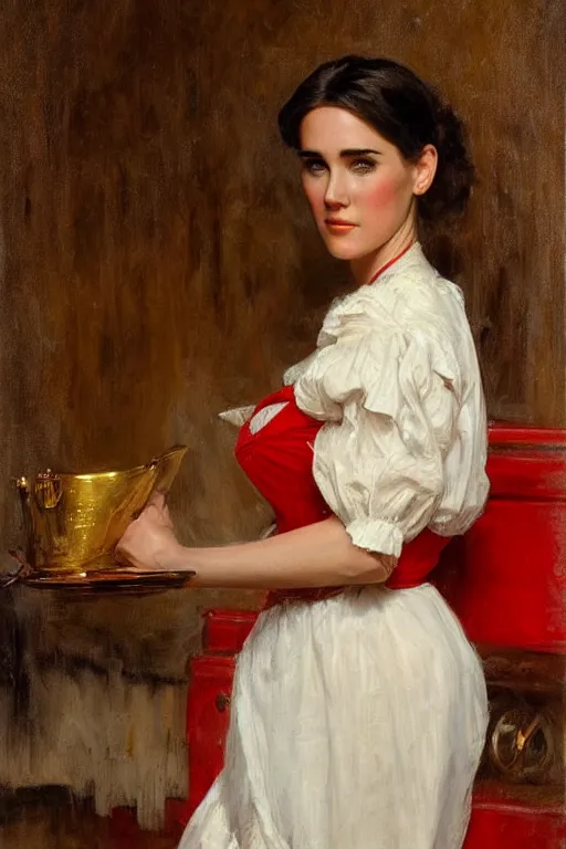 Prompt: painting of Jennifer Connelly by Richard S. Johnson and Solomon Joseph Solomon and Richard Schmid and Jeremy Lipking victorian genre painting full length portrait painting of a young beautiful woman traditional german french barmaid in fantasy costume, red background