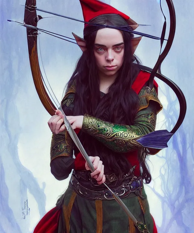 Prompt: Billie Eilish as a fantasy elf with a bow and arrow, portrait, fantasy, intricate, elegant, highly detailed, digital painting, artstation, concept art, smooth, sharp focus, illustration, art by artgerm and greg rutkowski and alphonse mucha