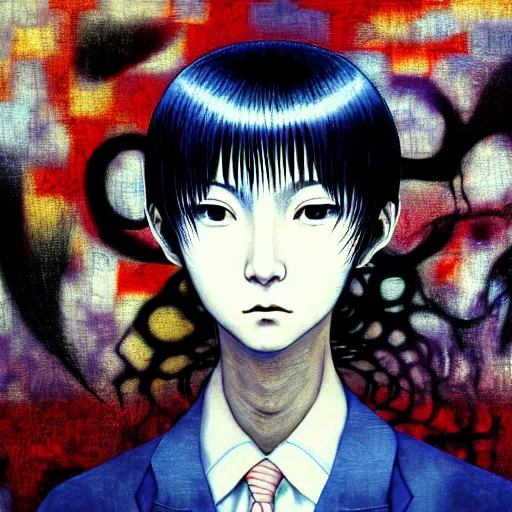 Image similar to yoshitaka amano blurred and dreamy three quarter angle portrait of a young woman with white hair and black eyes wearing dress suit with tie, playstation 2 horror game, junji ito abstract patterns in the background, satoshi kon anime, chungking express color palette, noisy film grain effect, highly detailed, renaissance oil painting, weird portrait angle