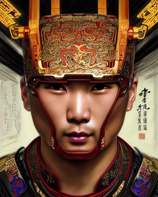 Prompt: portrait of a chinese masculine male cyberpunk machine, machine face, upper half portrait, decorated with chinese opera motifs, muscular, asian, fine china, wuxia, traditional chinese art intricate intense elegant 京 剧 highly detailed digital painting artstation concept art smooth sharp focus illustration, art by artgerm and greg rutkowski alphonse mucha 8 k