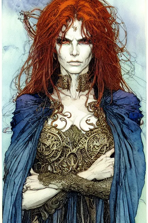 Image similar to a realistic and atmospheric watercolour fantasy character concept art portrait of a female necromancer looking at the camera with an intense gaze by rebecca guay, michael kaluta, charles vess and jean moebius giraud