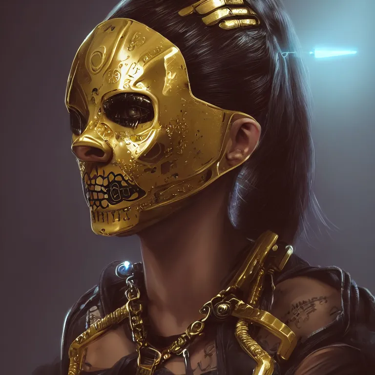 Image similar to cyberpunk female with a gold accented metallic sugar skull mask, concept art by jama jurabaev, cinematic shot, trending on artstation, hybrid from the elden ring and art direction by darius zawadzki ; by artgerm ; wayne reynolds art station ; cinematic quality character render ; low angle ; ultra high quality model ; production quality cinema model