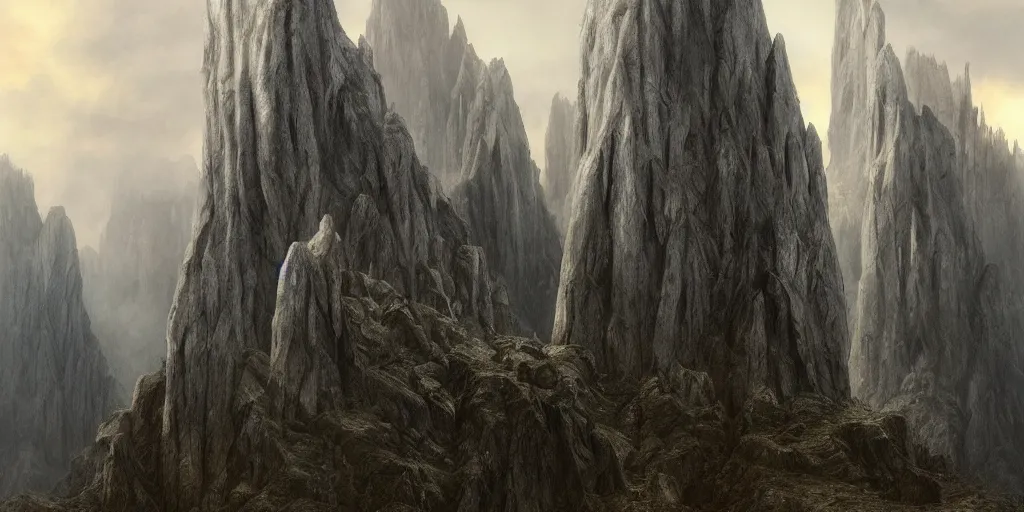 Image similar to Argonath statues, evening, detailed matte painting, cinematic, Alan Lee, Artstation