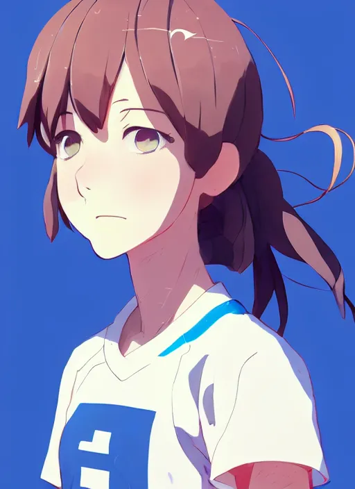 Prompt: portrait of high school runner girl, sunny sky background stadium landscape illustration concept art anime key visual trending pixiv fanbox by wlop and greg rutkowski and makoto shinkai and studio ghibli and kyoto animation symmetrical facial features short hair sports clothing marathon race nike shirt