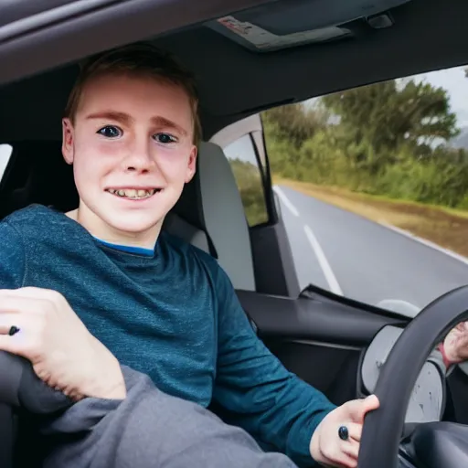 Prompt: a picture of a white boy with long hair inside of a car