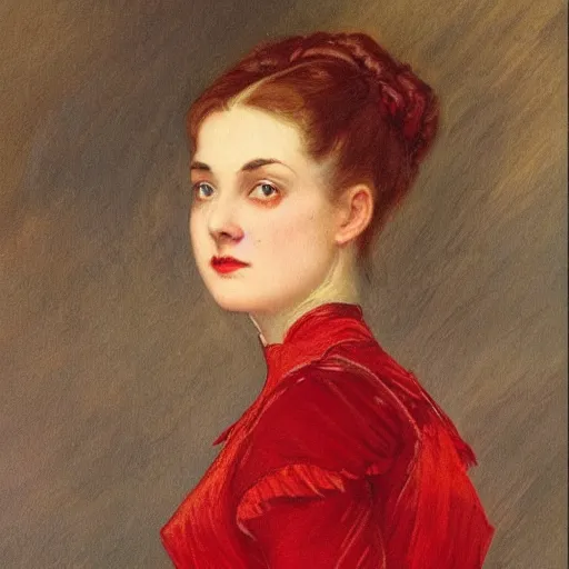 Image similar to Orville Houghton Peet and William Simpson and Jean Gautier victorian genre painting portrait painting of a young beautiful woman marverl DC comic book character fantasy costume, red background