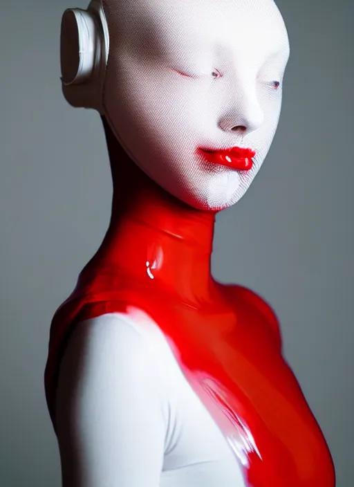 Prompt: portrait of a woman wearing a red embroidered translucent silicone mask and frizzy hair buns, wearing a white bodysuit by alexander mcqueen, white background, soft diffused light, biotechnology, futuristic aesthetic, translucent, ethereal, intricate details, highly detailed, masterpiece,