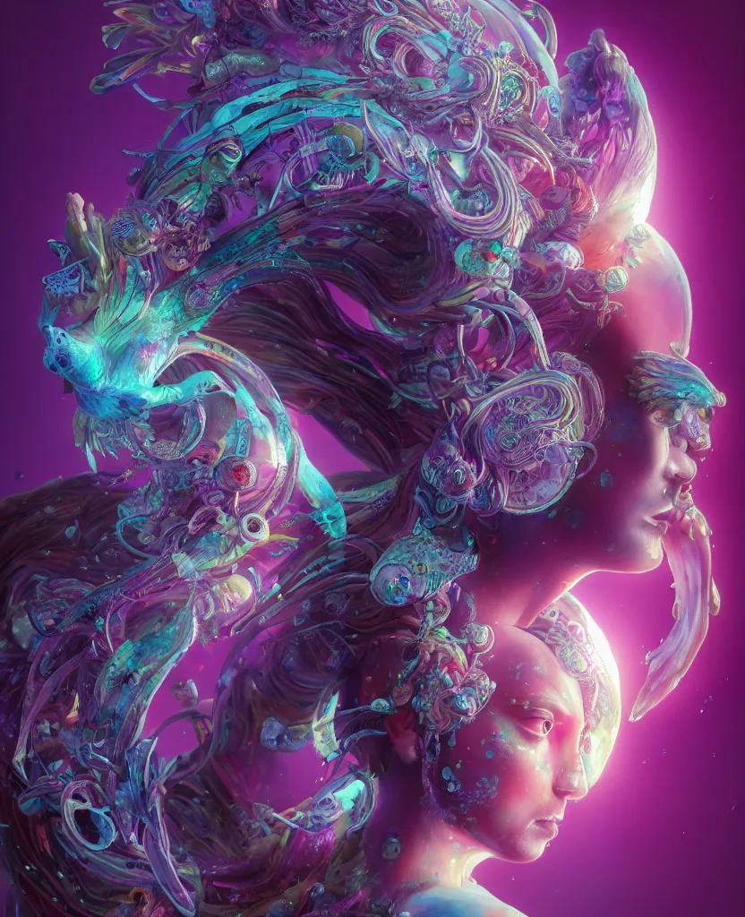 Image similar to goddess full color painted acryllic sculpture close-up portrait. orchid bird phoenix head, nautilus, skull, betta fish, bioluminiscent creatures, intricate artwork by Tooth Wu and wlop and beeple. octane render, trending on artstation, greg rutkowski very coherent symmetrical artwork. cinematic, hyper realism, high detail, octane render, 8k