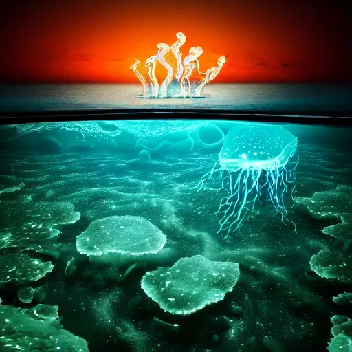 Image similar to ocean floor, jelly fish, landscape, night, glow in dark, by wlop, cinematic, dark