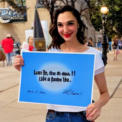 Image similar to Gal Gadot holding a sign that SHE LOVES MITCH!!!!!! as painted by Ralph Horsley