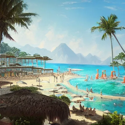 Prompt: a detailed matte painting of a beautiful view of a resort by the beach, greg rutkowski