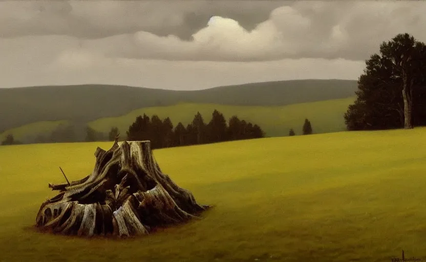 Prompt: A moody painting of an overcast day, clouds, rolling hills, tree stump, Wes Anderson, Peter Ilsted