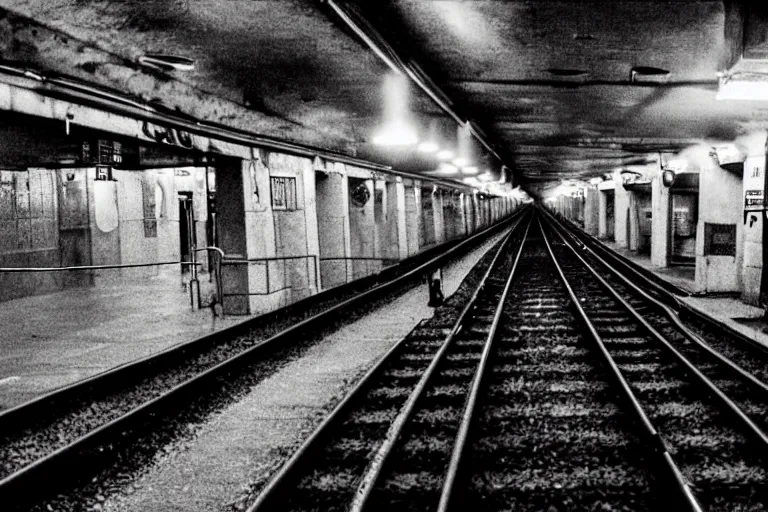 Image similar to very large giant mutant zombie irradiated rat sraying on railways in tonnel of moscow subway. extreme high detail. low dark light, night vision, scary atmosphere.