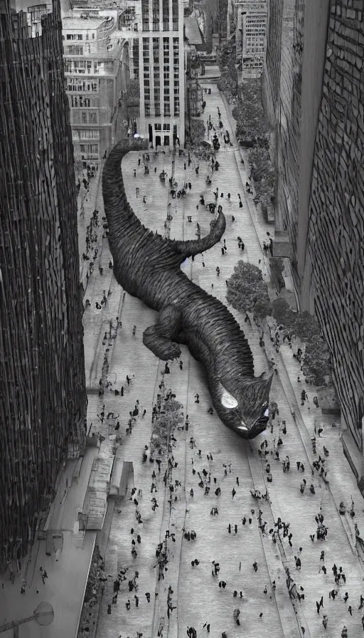 Image similar to hundreds of people running away from the giant catzilla. trending on artstation. realistic cinematography, photorealistic, photography, wide shot