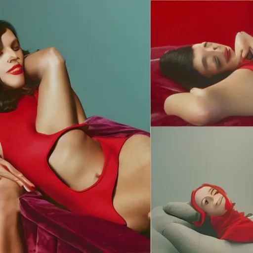 Image similar to by frank gehry crimson a e s t h e t i c, dreary. a collage of a woman reclining on a bed.