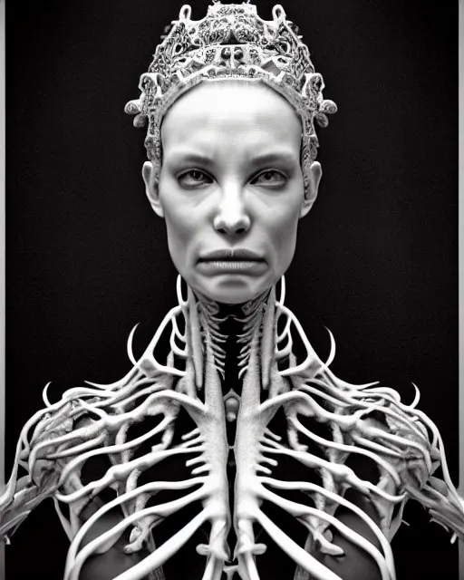 Image similar to a black and white high quality photo of a young beautiful female queen-dragon-cyborg bust with a very long neck and Mandelbrot fractal face, Mandelbrot fractal skin, flesh, anatomical, facial muscles, veins, arteries, elegant, highly detailed, flesh highly baroque ornate, hair are wired cables, elegant, high fashion, rim light, octane render, in the style of H.R. Giger, Louis Daguerre and Man Ray, Realistic, Refined, Digital Art, Highly Detailed, Cinematic Lighting, rim light, black and white, photo-realistic, 8K