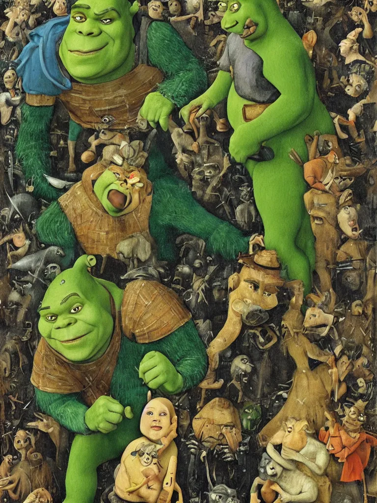 Prompt: shrek painted in the style of hieronymus bosch