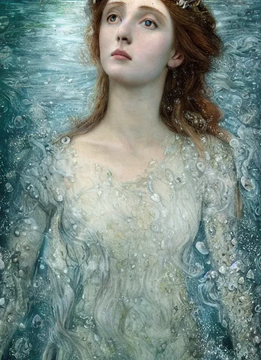 Image similar to portrait photography of a beautiful woman how pre-Raphaelites by Giovanni Gastel britt marling style 3/4with her eyes closed,inspired by Ophelia Millais Paint , the face emerges from water of Pamukkale, underwater face, the hair are intricate with highly detailed realistic beautiful brunches and flowers like crown, anatomical real full body dressed ethereal lace dress floating in water surface , Kodak Portra 400, 8K, soft light, volumetric lighting, highly detailed, britt marling style 3/4 ,, Refined, Highly Detailed, outdoor soft pastel lighting colors scheme, outdoor fine art photography, Hyper realistic, photo realistic