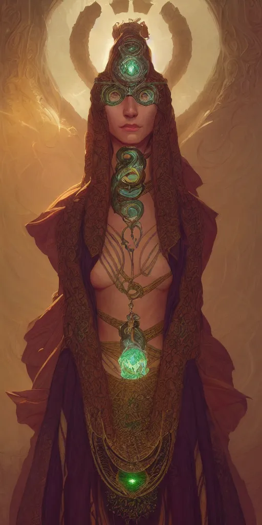 Prompt: sinister mage, snake queen, ancient, sand, emerald, intricate, highly detailed, digital painting, artstation, concept art, smooth, sharp focus, illustration, Unreal Engine 5, 8K, art by artgerm and greg rutkowski and alphonse mucha