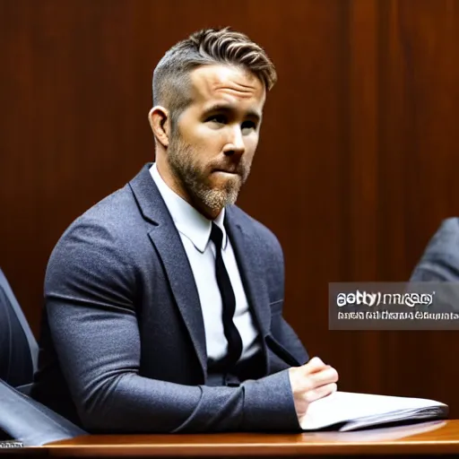 Image similar to news photo of ryan reynolds in courtroom on trial, lawyer sitting beside him, highly detailed, extremely high quality, hd, 4 k, 8 k, professional photographer, 4 0 mp, lifelike, top - rated, award winning, realistic, detailed lighting, detailed shadows, sharp, no blur, edited, corrected, trending