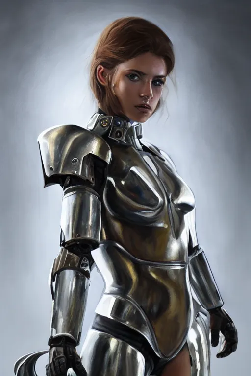 Image similar to a photorealistic painting of an attractive young girl, partially clothed in metal-plated battle armor, wielding a plasma rifle, dirty olive skin, long dark hair, beautiful bone structure, perfectly symmetrical face, perfect eyes, intricate, elegant, digital painting, concept art, illustration, sharp focus, minimal artifacts, volumetric lighting, from Metal Gear, in the style of Ruan Jia and Mandy Jurgens and Greg Rutkowski, trending on Artstation, award winning