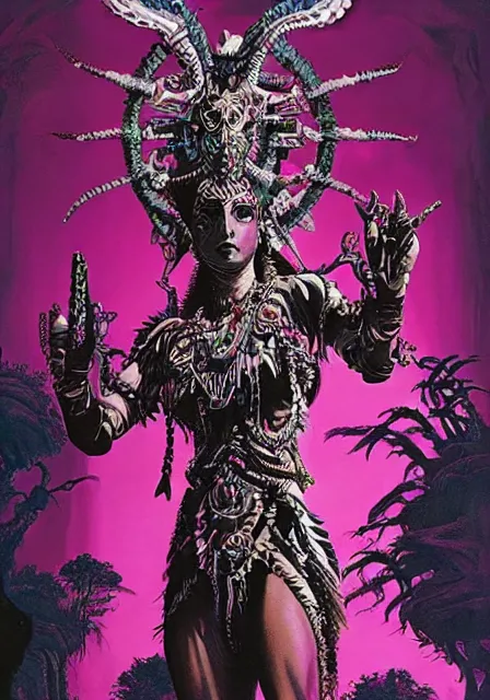 Image similar to Horizon zero dawn kali durga editorial by Wayne Barlowe designed by alexander mcqueen painted by caravaggio and by virgil finlay