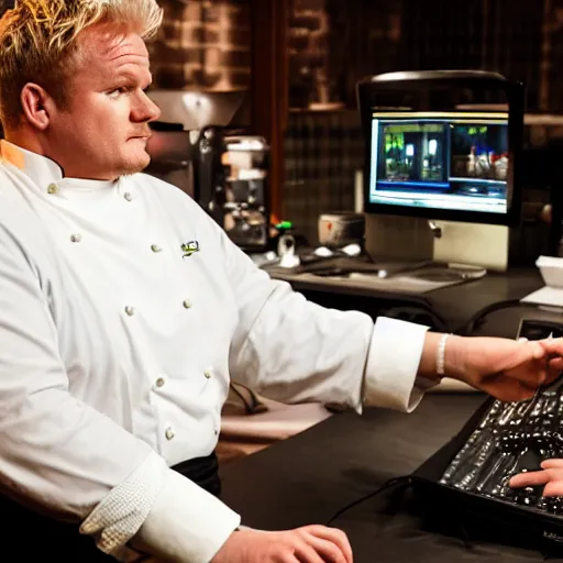 Image similar to obese Gordon Ramsey wearing a headset yelling at his monitor while playing WoW highly detailed wide angle lens 10:9 aspect ration award winning photography by David Lynch esoteric erasure head