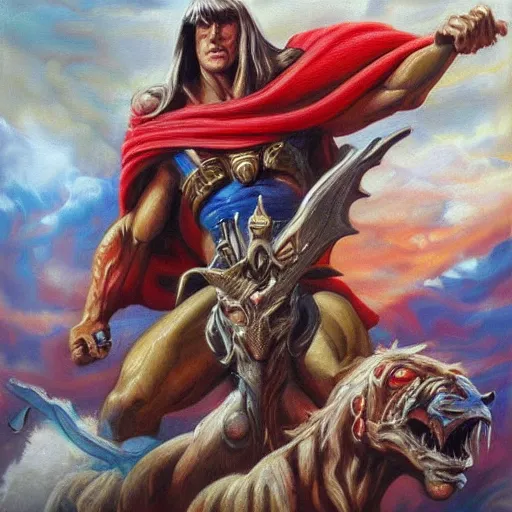 Image similar to masters of the universe, highly detailed oil painting