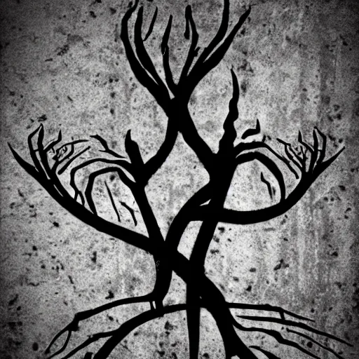 Prompt: black metal band logo, unreadable text, metal font, looks like a tree silhouette, looks like varicose veins, letters with branches, complex, horizontal