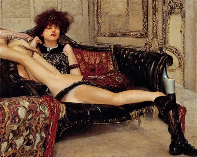 Prompt: Punk girl lying on a leather armchair by Mario Testino, oil painting by Lawrence Alma-Tadema