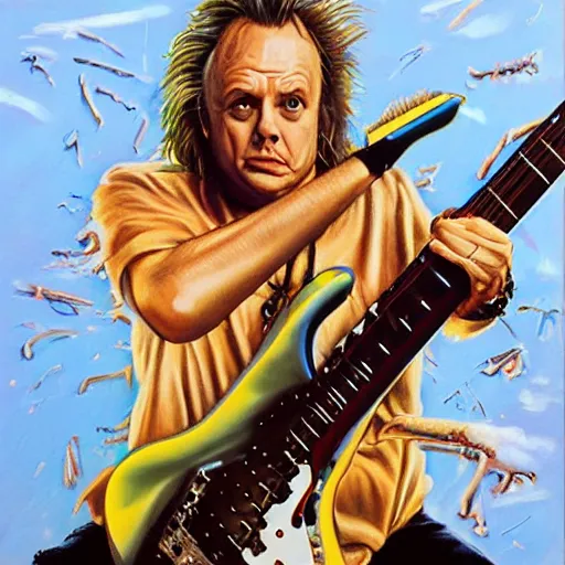 Image similar to Rik Mayall Shredding on an electric guitar, artwork by Jason Edmiston