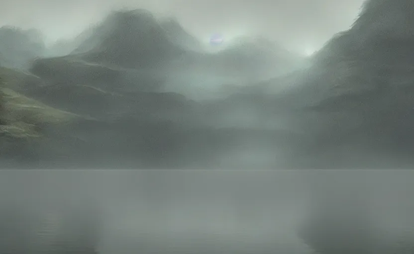 Image similar to a strange lake directed by charlie kaufman ( 2 0 0 1 ) anamorphic lenses, foggy volumetric light morning, cinematic trending on artstation in the style of greg rutkowski