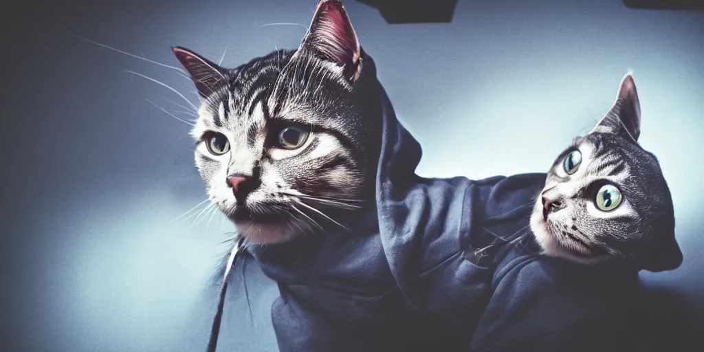 Prompt: a wide angle shot from below of a cat in a hoodie, synthwave - n 4