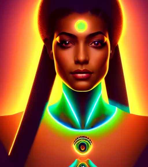 Image similar to symmetry!! egyptian princess of technology, solid cube of light, hard edges, product render retro - futuristic poster scifi, lasers and neon circuits, brown skin gorgeous egyptian princess, intricate, elegant, highly detailed, digital painting, artstation, concept art, smooth, sharp focus, illustration, dreamlike, art by artgerm